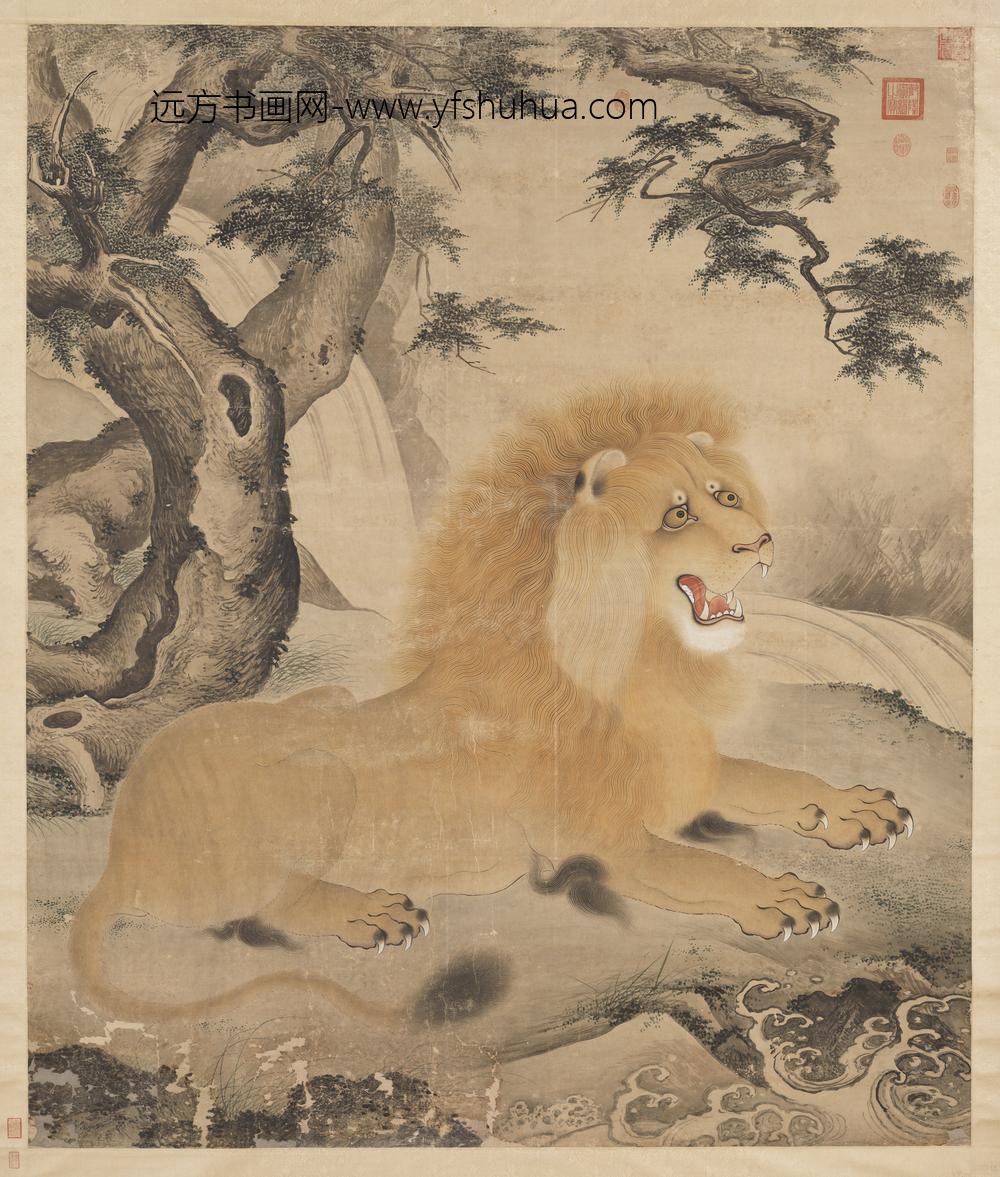 明人画狻猊图轴