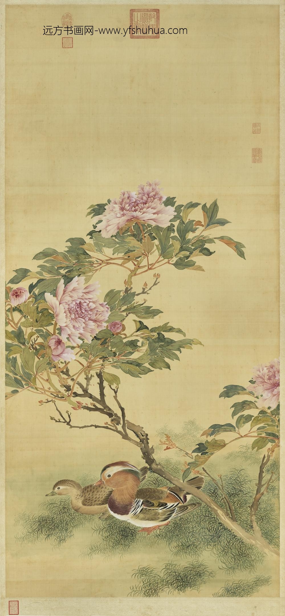 明人花下双鸳图轴