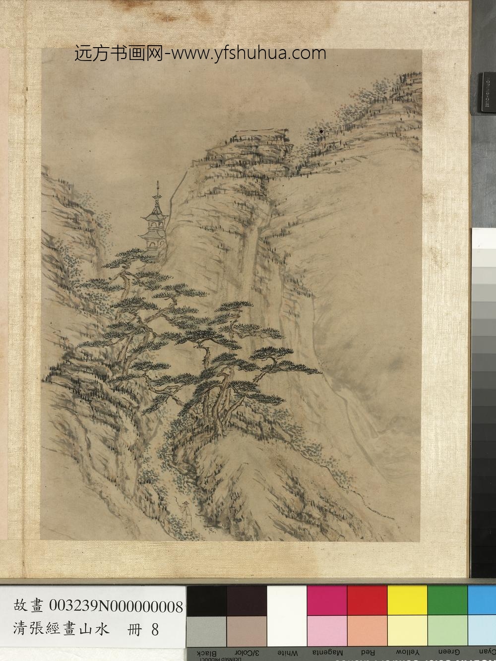 明张经画山水册-松上高塔