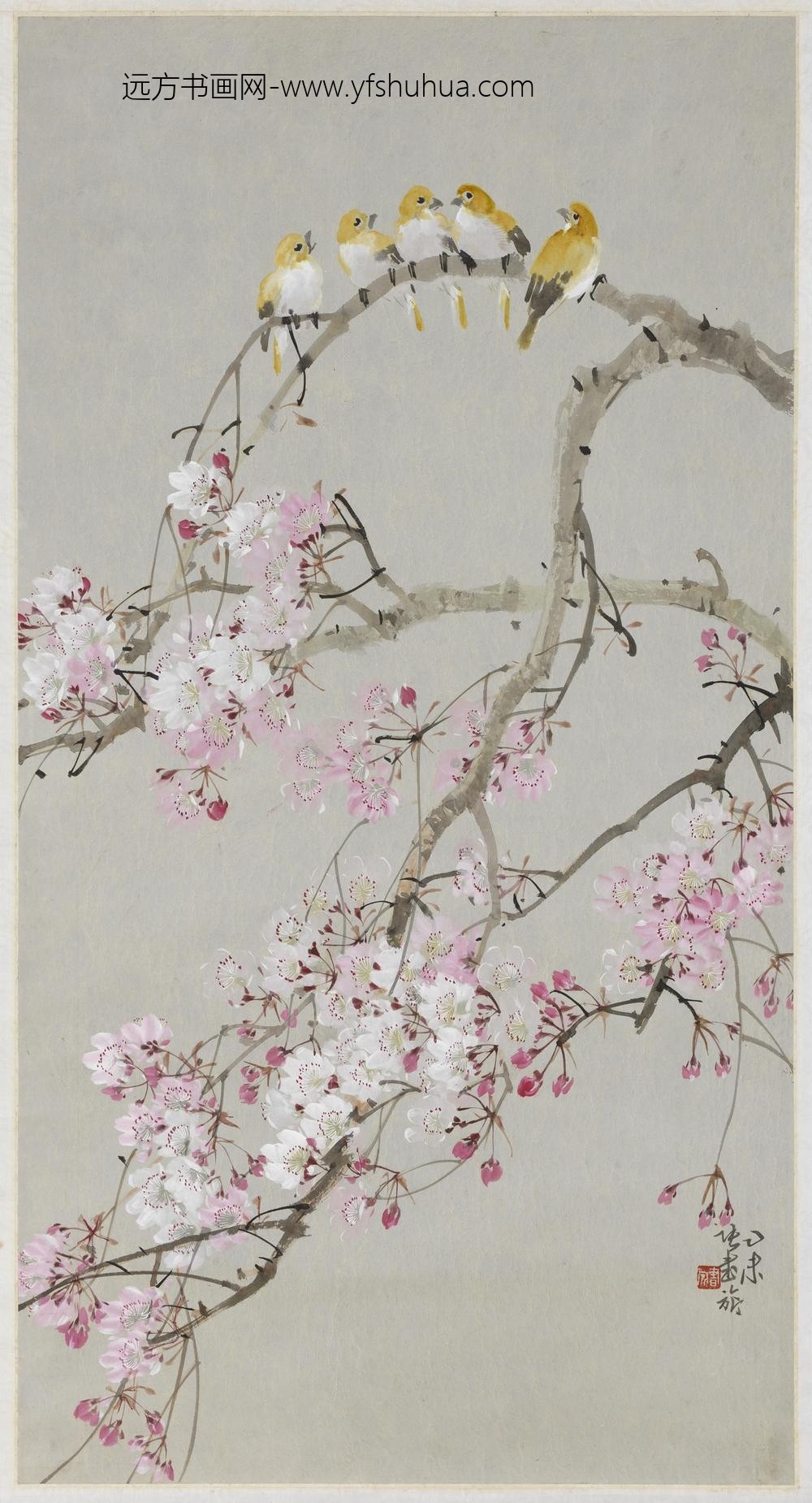 民国张书旗画桃花小鸟轴