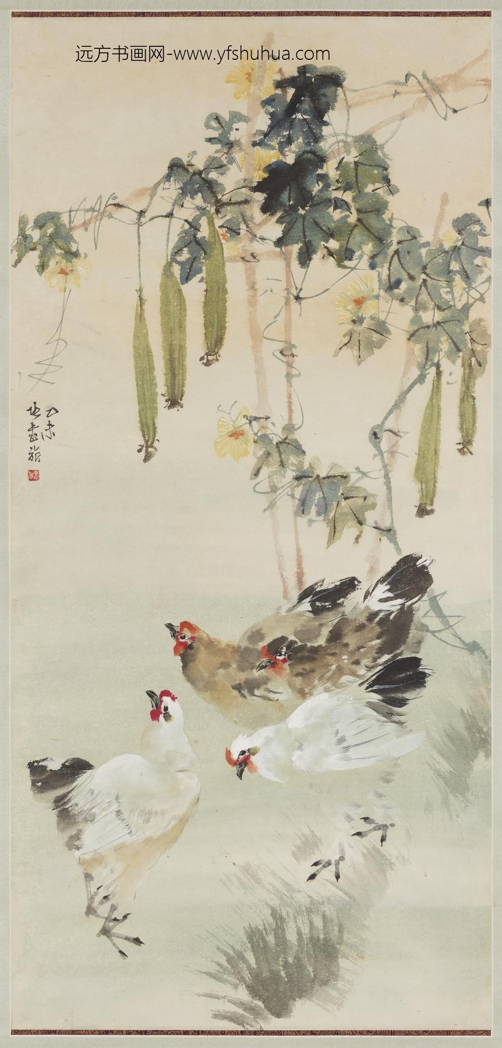 民国张书旗画菜瓜与鸡