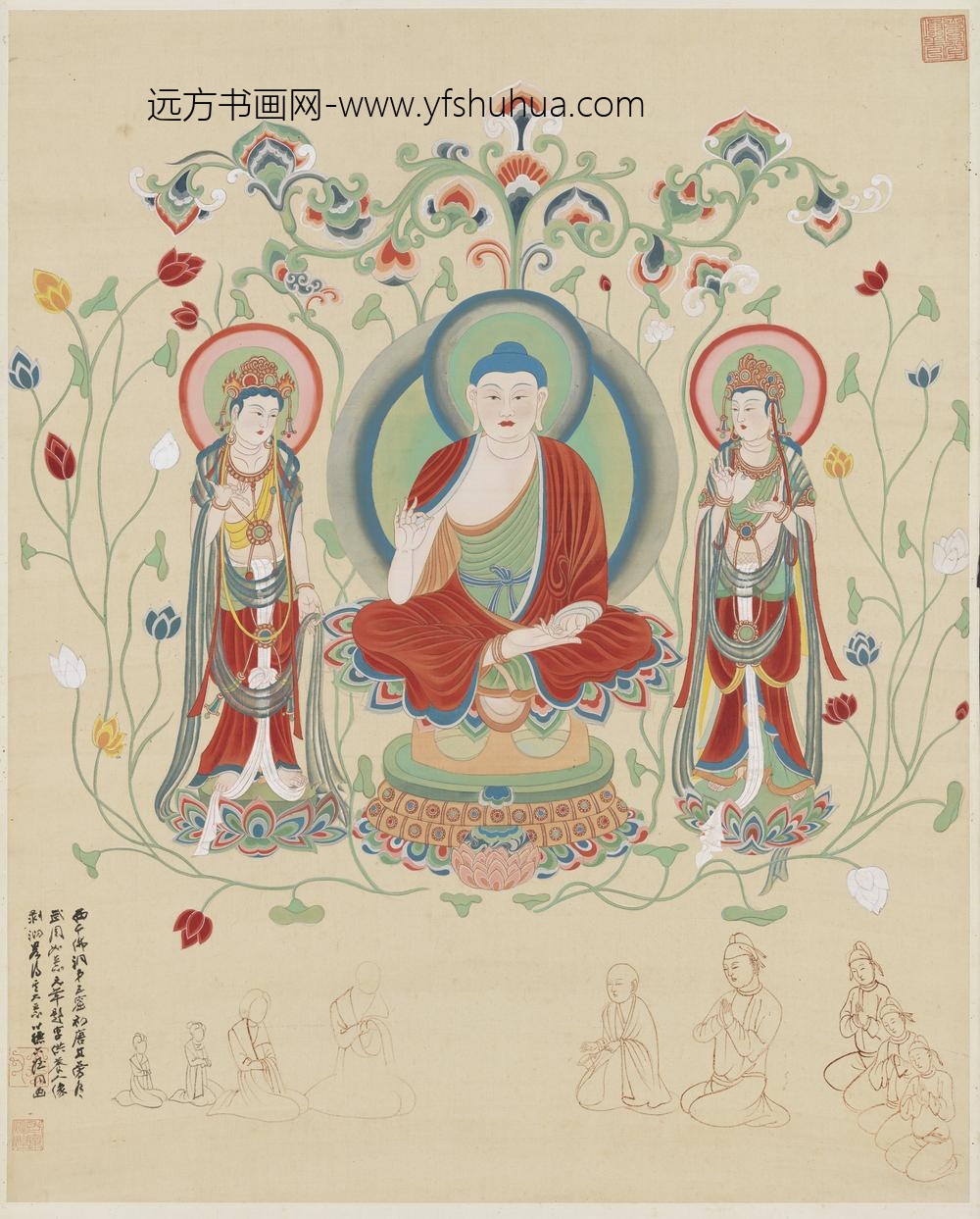 民国张大千张心德摹敦煌西千佛洞第十一窟释迦说法图轴