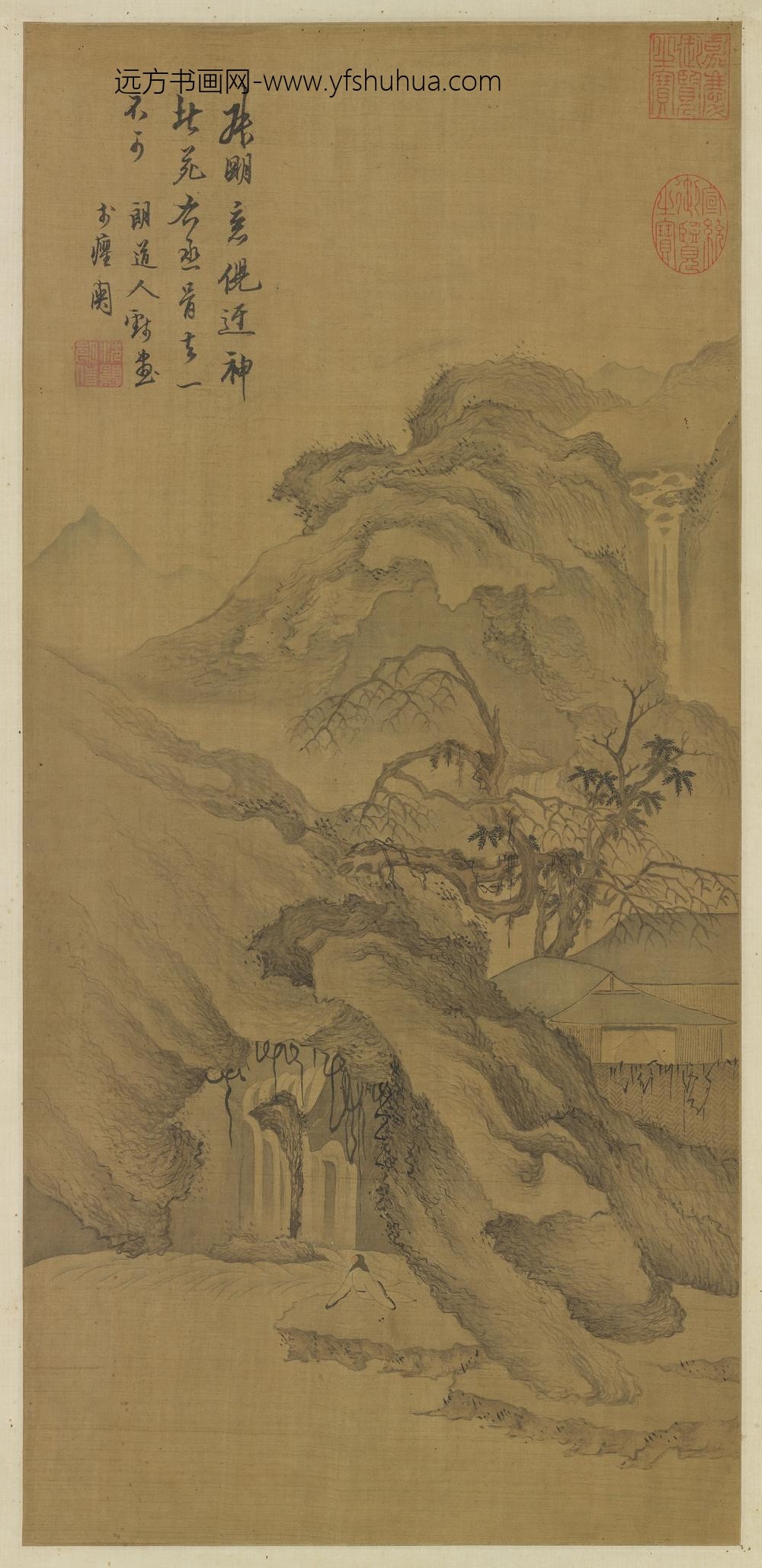 清沈颢画悬崖垂瀑轴