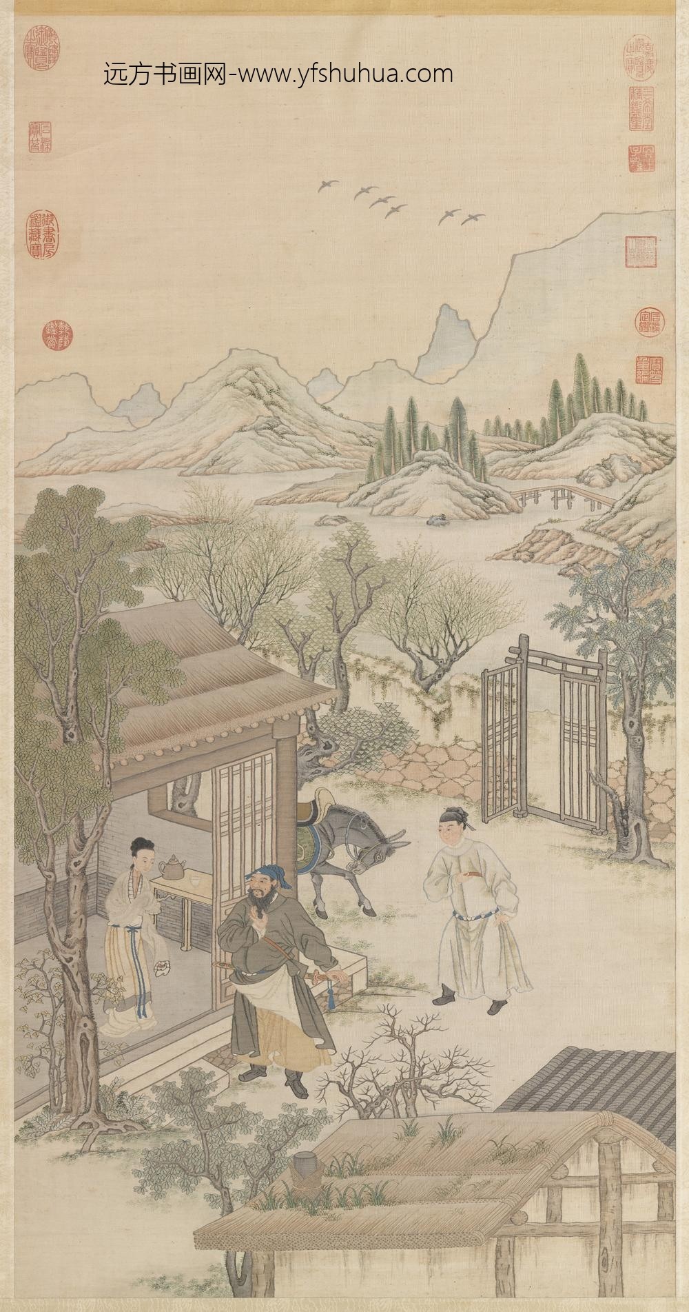 清缂丝李靖遇虬髯公图轴