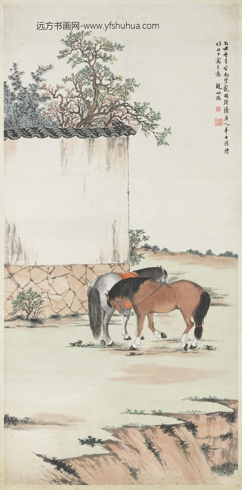清赵叔孺庭前双骏单片