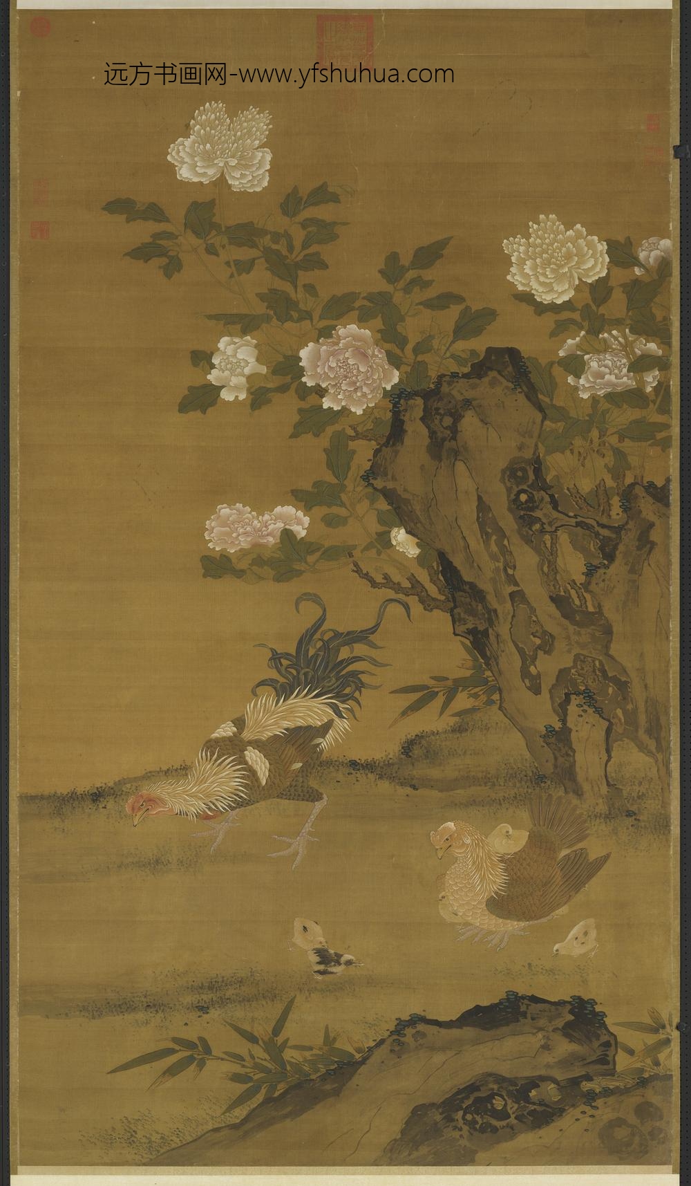 元人画花下将雏轴