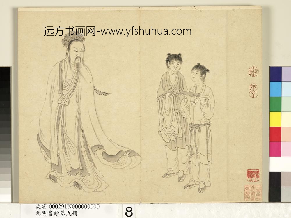 元明书翰第九册册-明仇英白描诸葛武侯像-