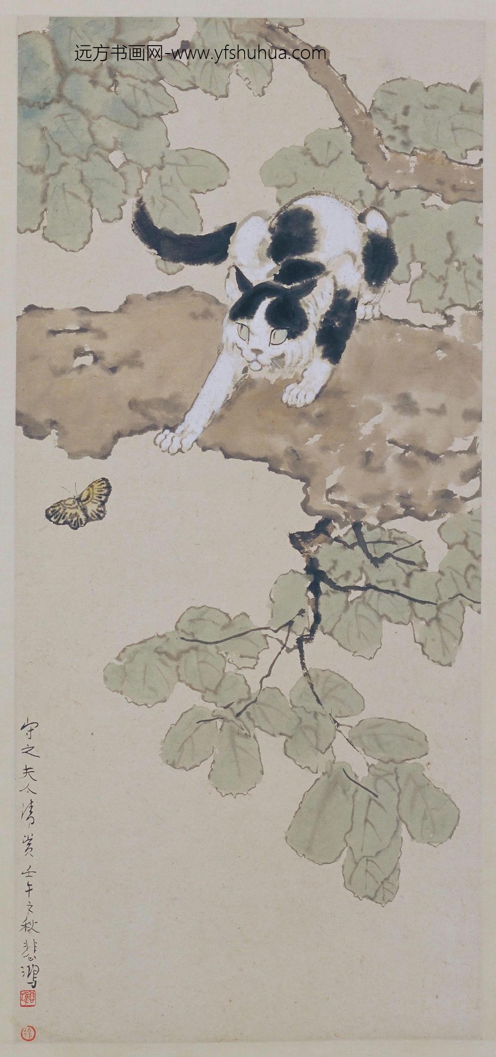 徐悲鸿秋桐猫蝶图轴