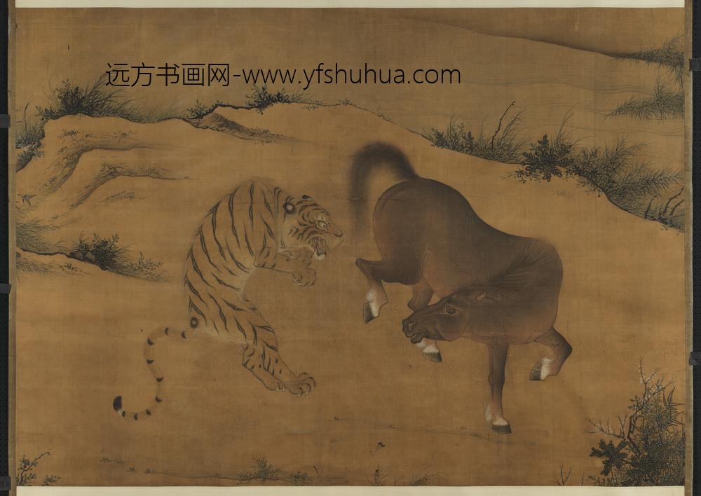 无名氏画虎马斗图轴