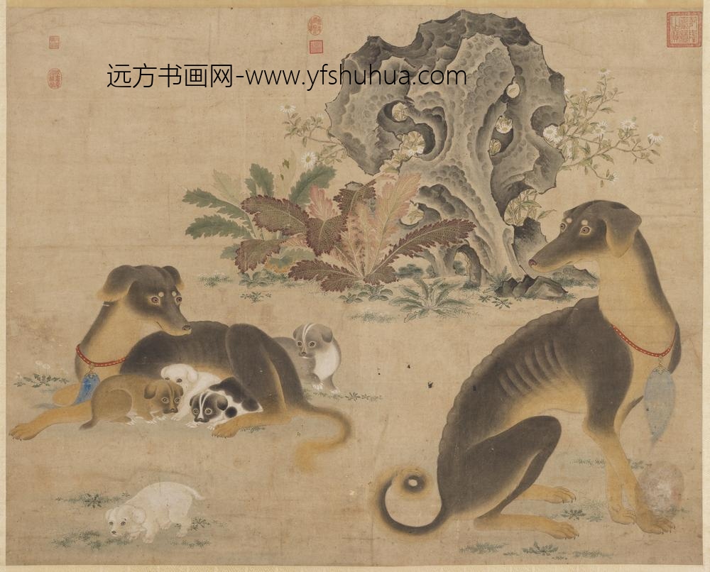 无款花阴卧犬轴
