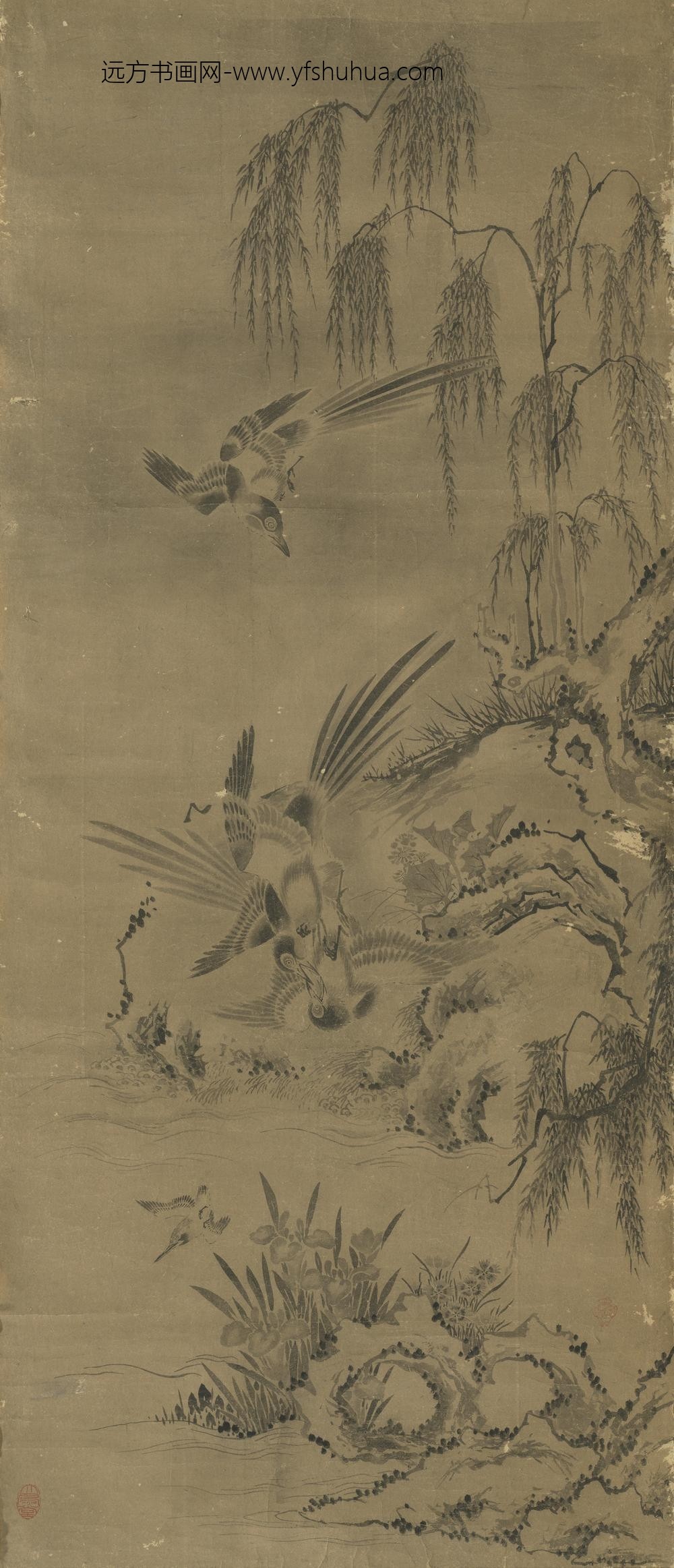 无款花鸟屏风六幅单片柳阴喜鹊无款花鸟屏风六幅单片柳阴喜鹊