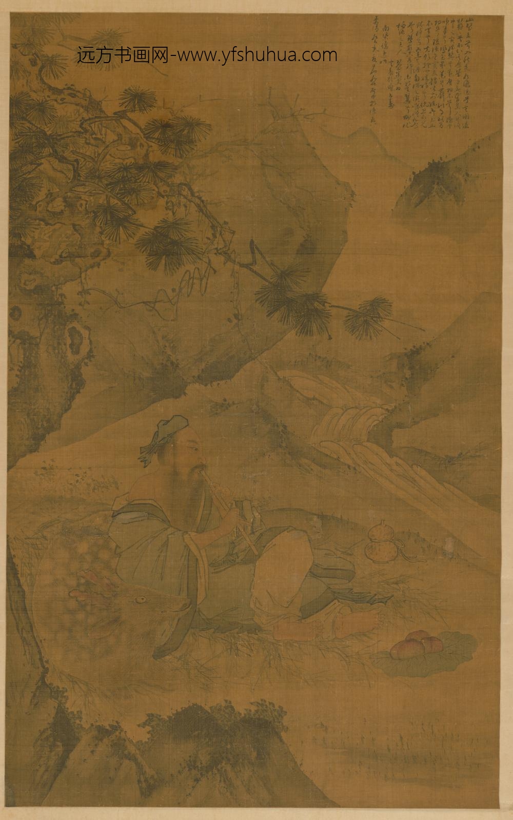 明-明人吹笛观泉图轴