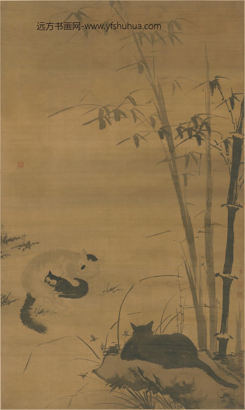 明-明人墨竹狸奴图轴