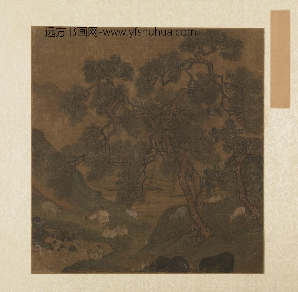 明-明人松林牧羊图扇页