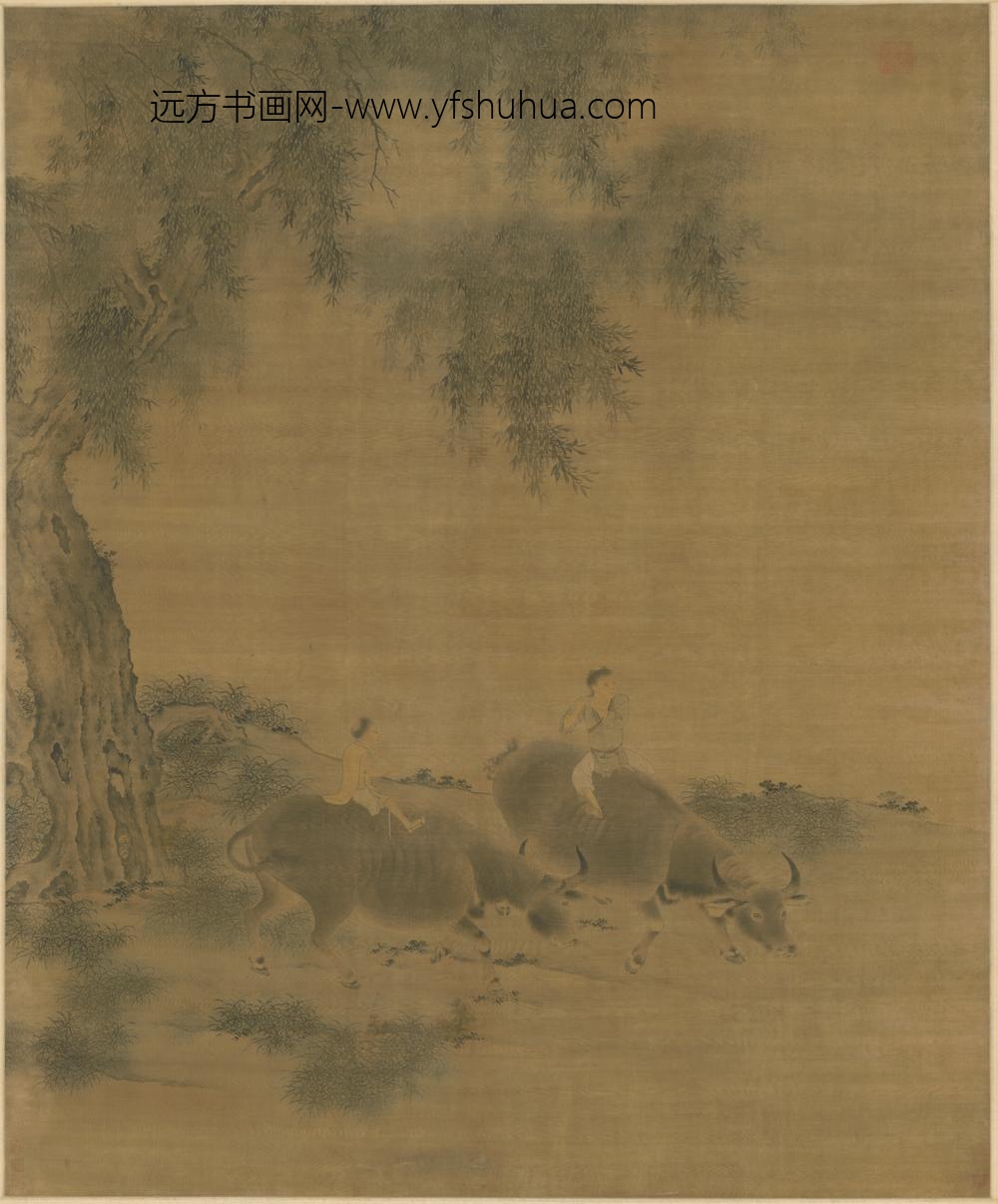 明-明人柳荫放牧图轴