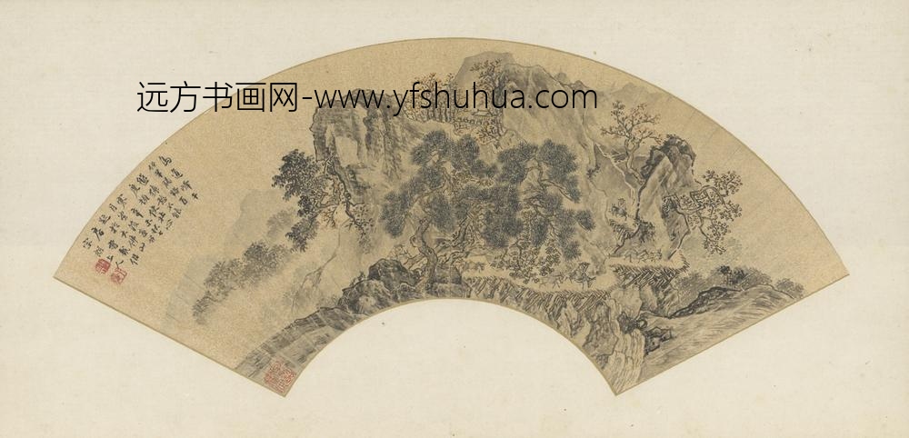 明-曹羲秋山行旅图扇页