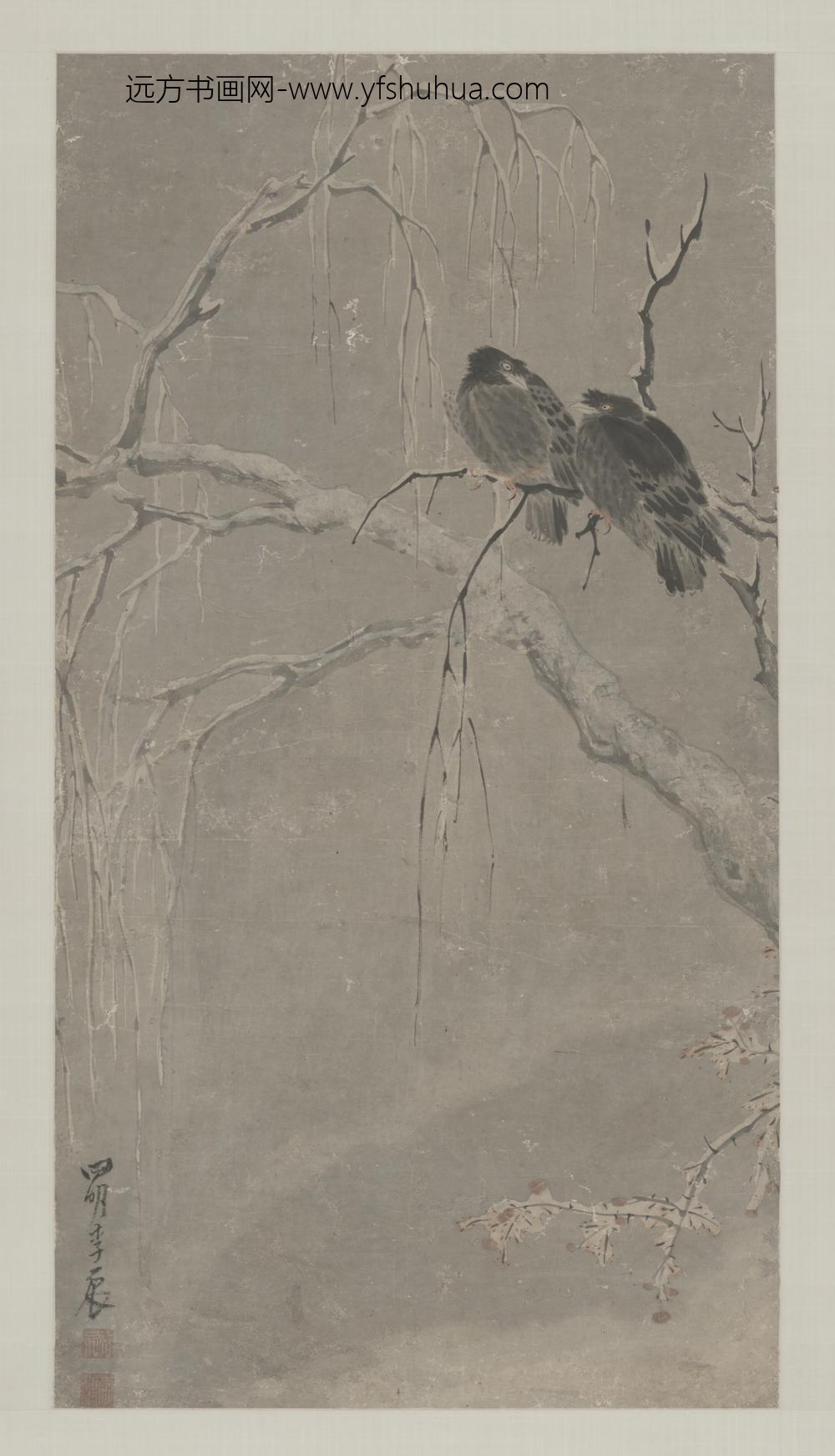 明-李辰雪景花鸟图轴