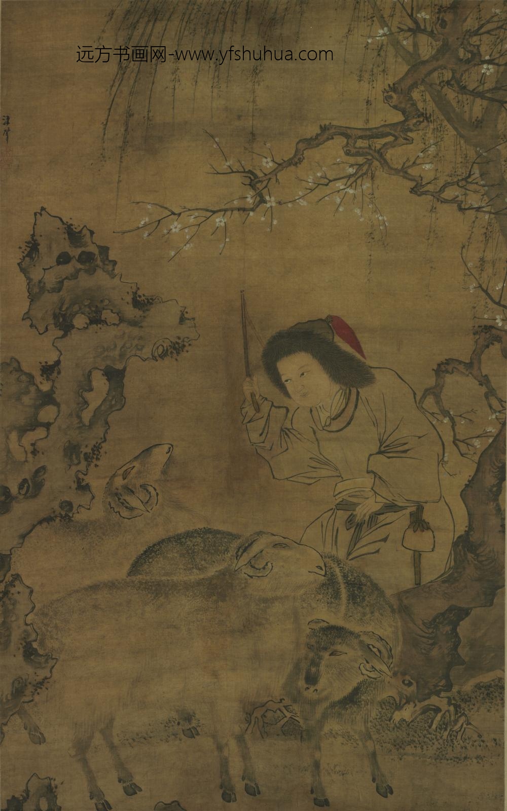 明-汪肇设色婴羊图轴