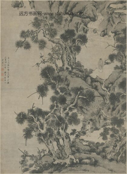 明 胡皋仿梅道人观瀑图轴.jpg