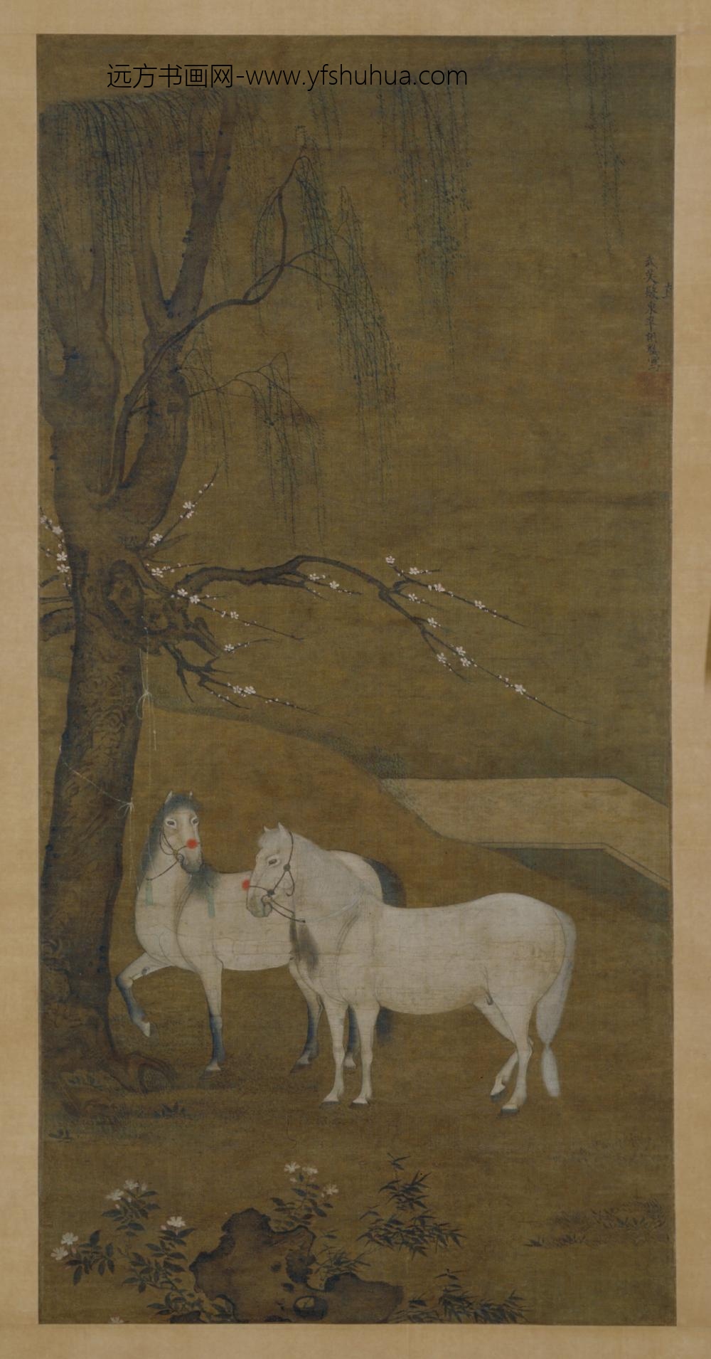 明-胡聪柳荫双骏轴