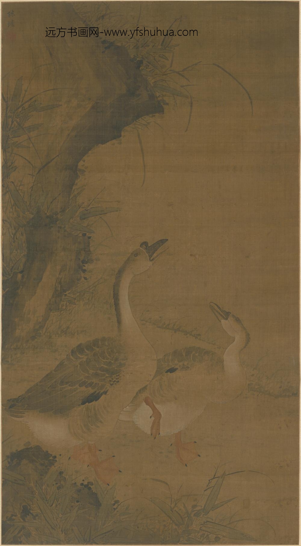 明-陈琼竹石双鹅图轴