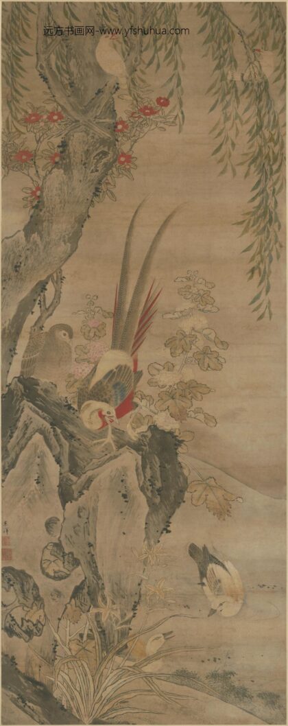 明 韩东阳锦鸡山茶轴.jpg
