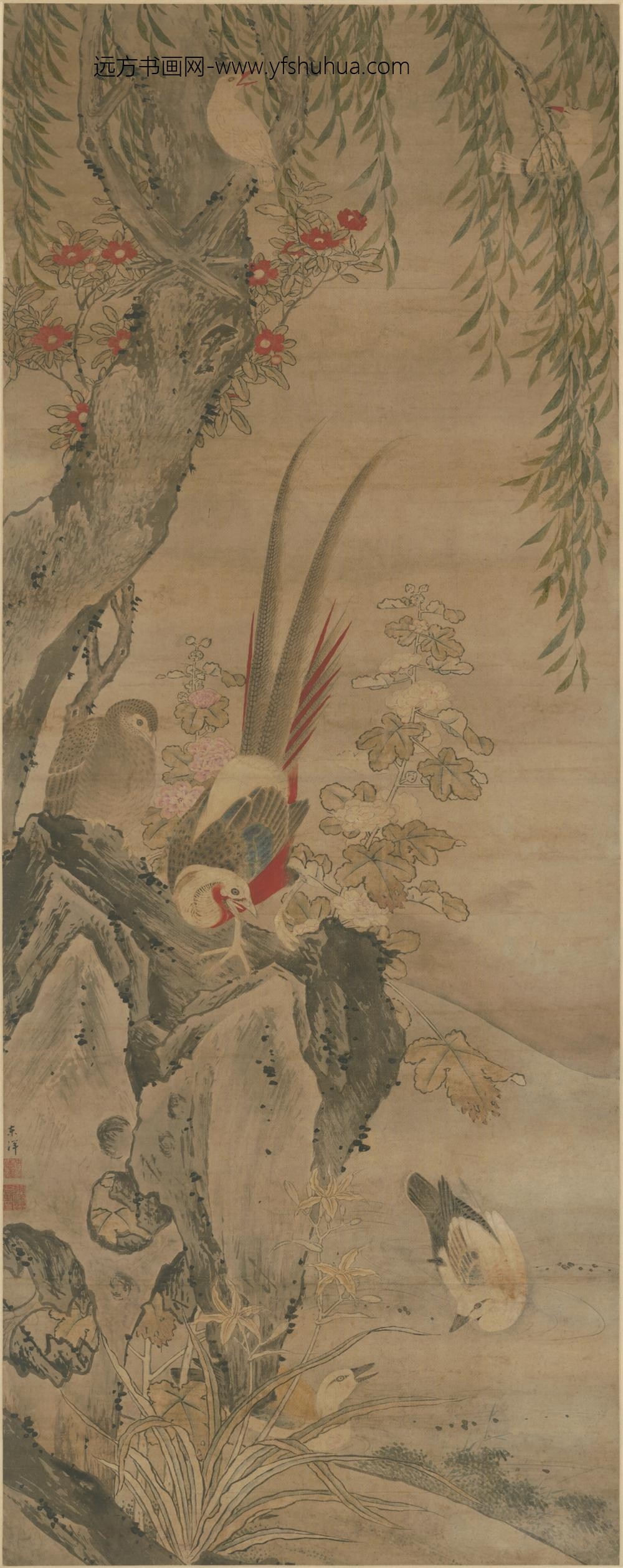 明-韩东阳锦鸡山茶轴