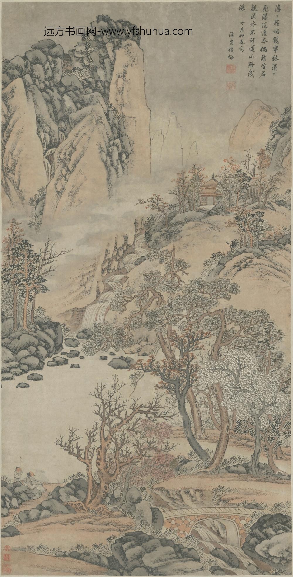 清-侯梅秋林观瀑图