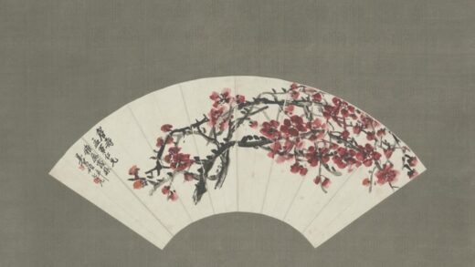 清 吴俊卿设色红梅兰花扇面.jpg