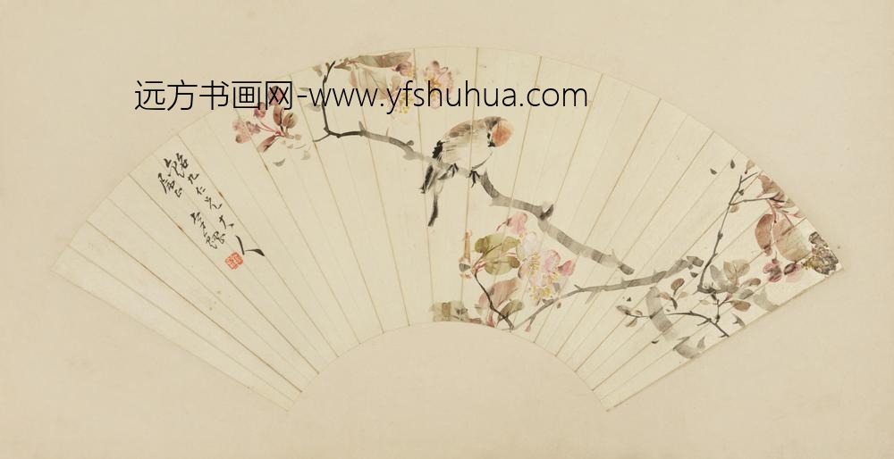 清-李钢海棠麻雀图扇