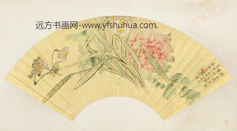 清-汤世澍牡丹水仙扇