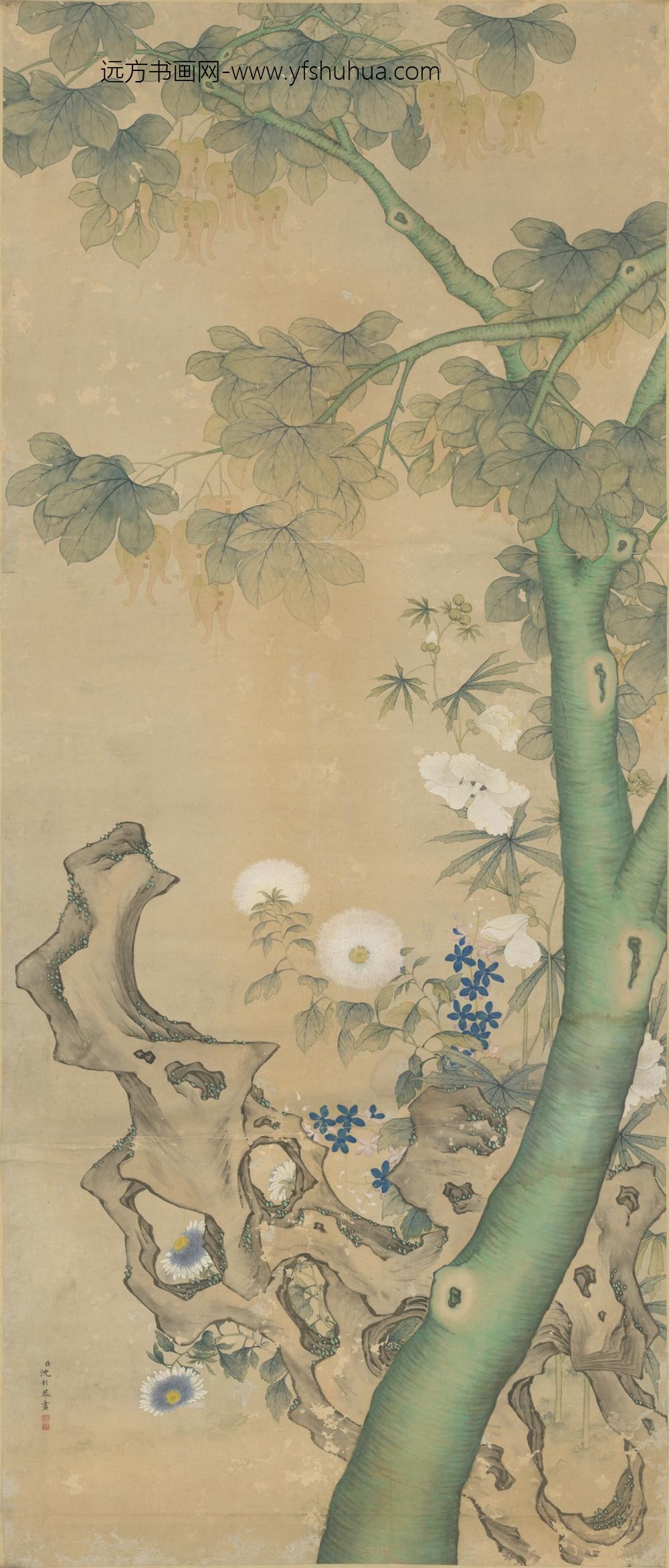 清-沈利树石花卉图贴落