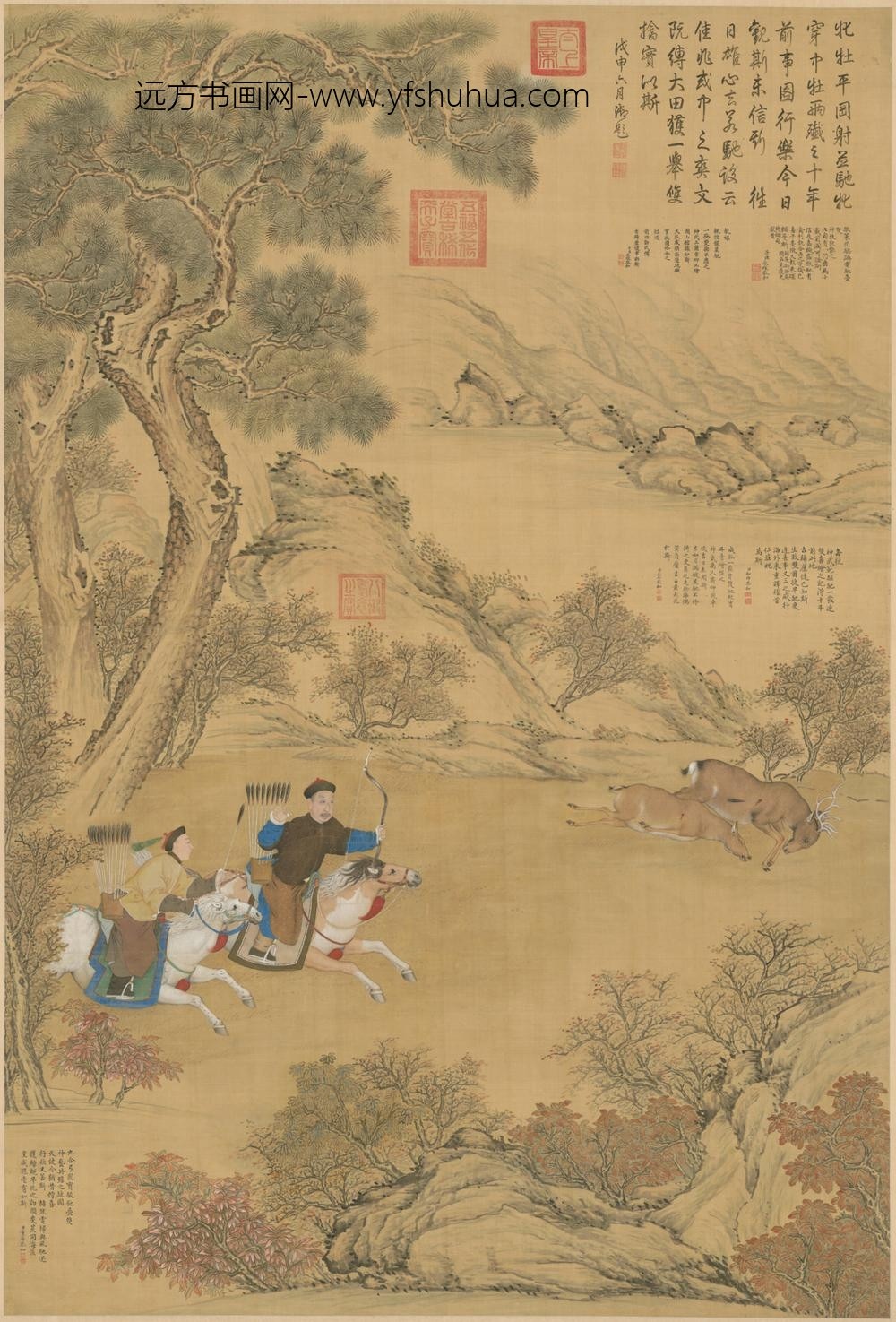 清-清人画弘历一发双鹿图像轴