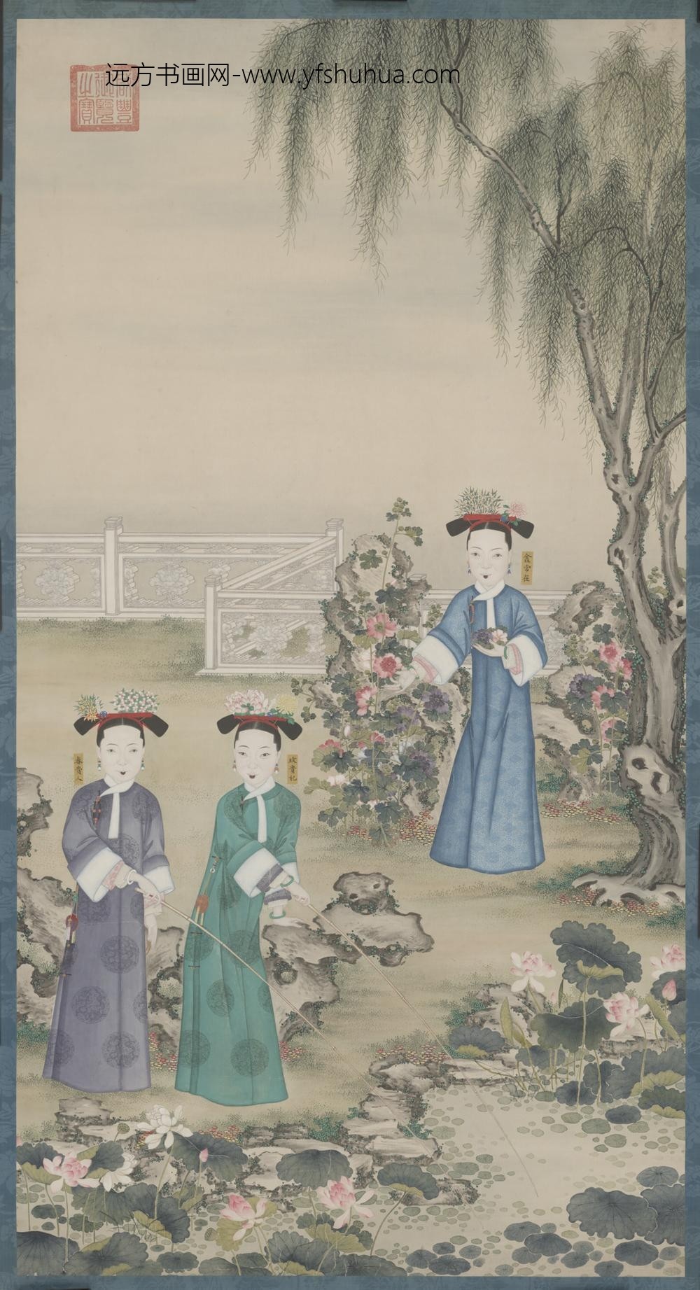 清-清人画玫贵妃春贵人行乐图轴