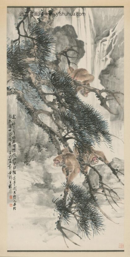 清 程璋松石三猿轴.jpg