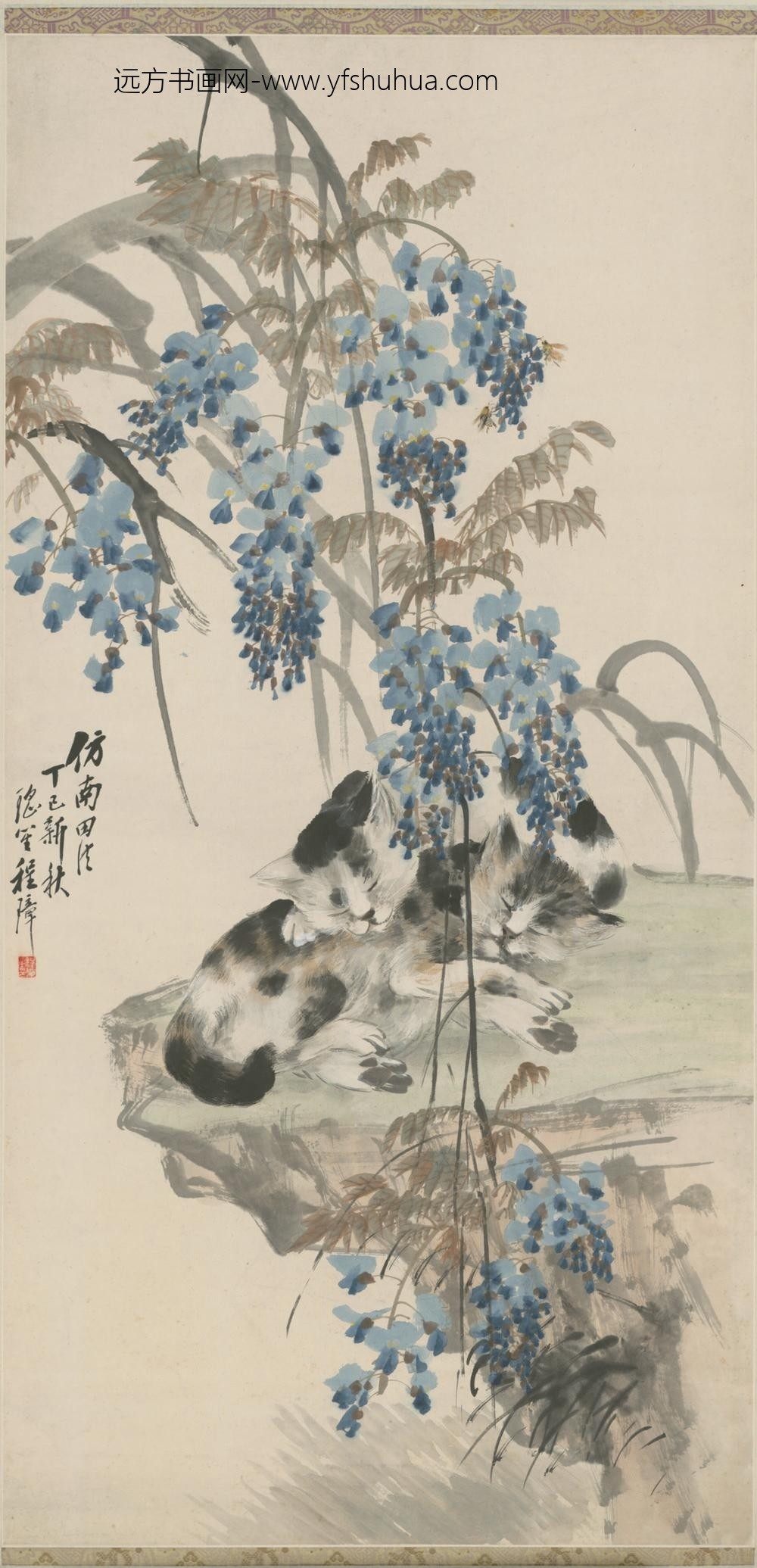 清-程璋紫藤双猫轴