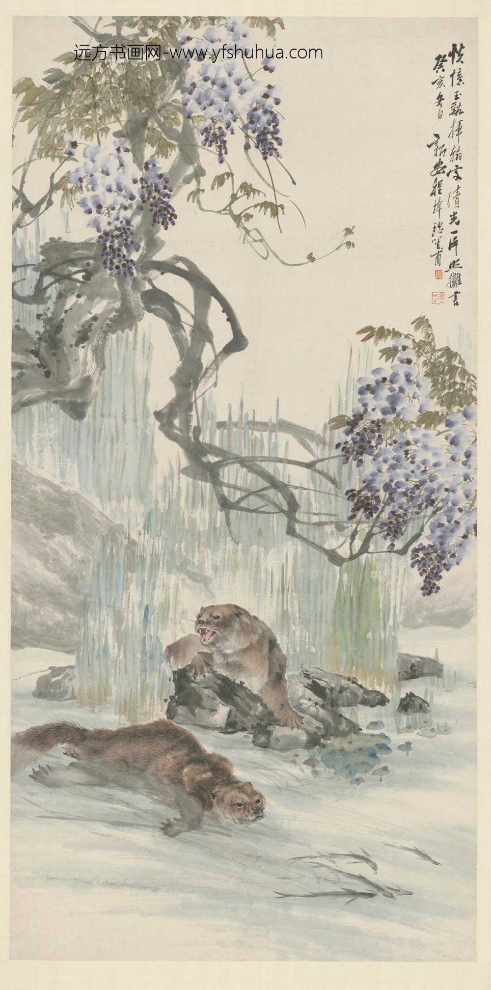 清-程璋紫藤水獭图轴