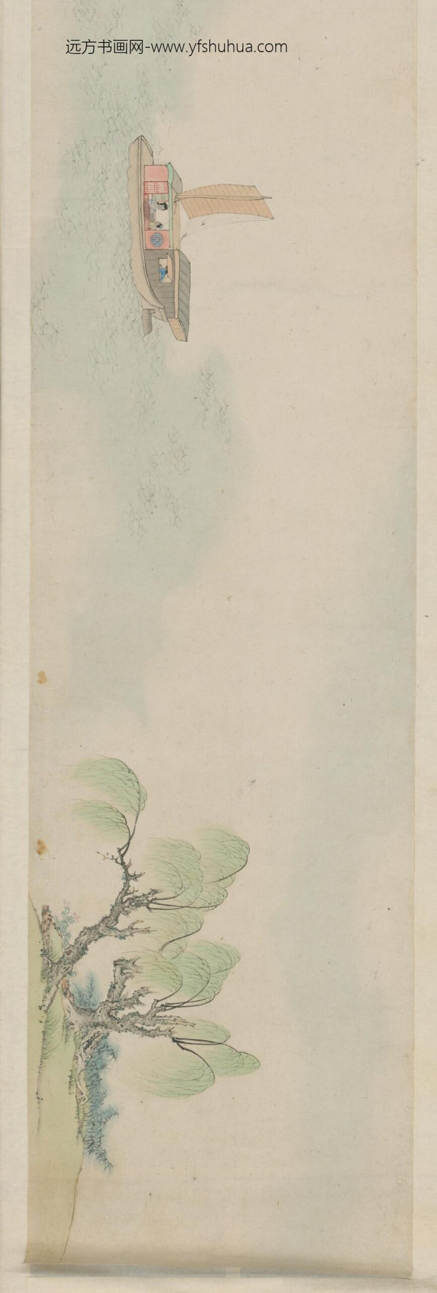 清-茅麐柳溪春舫图横披_