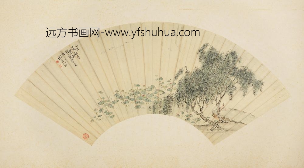 清-谢丹柳荷观雁扇面