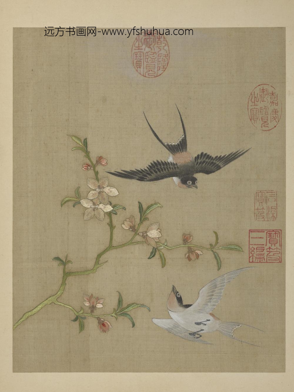 清绣绘花鸟册-桃花春燕