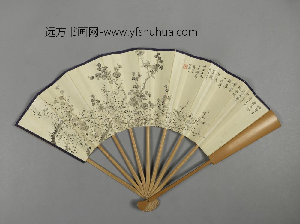 近代-丁仁画梅花邵长光行书成扇