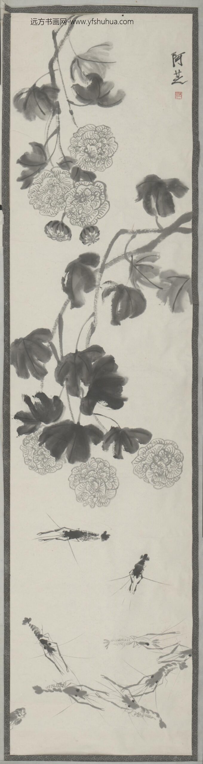 近现代-齐璜芙蓉游虾图轴