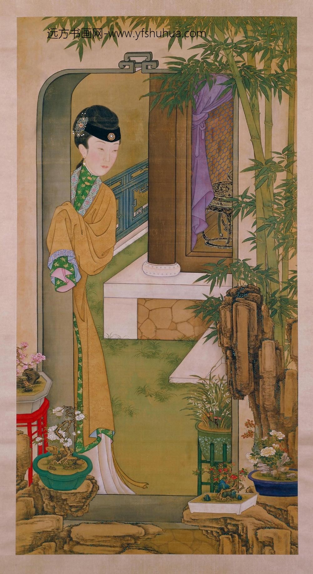 雍亲王题书堂深居图屏·倚门观竹轴