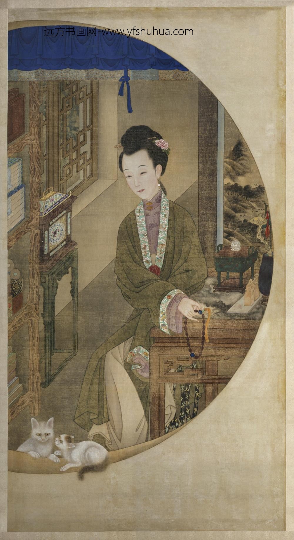 雍亲王题书堂深居图屏·捻珠观猫轴