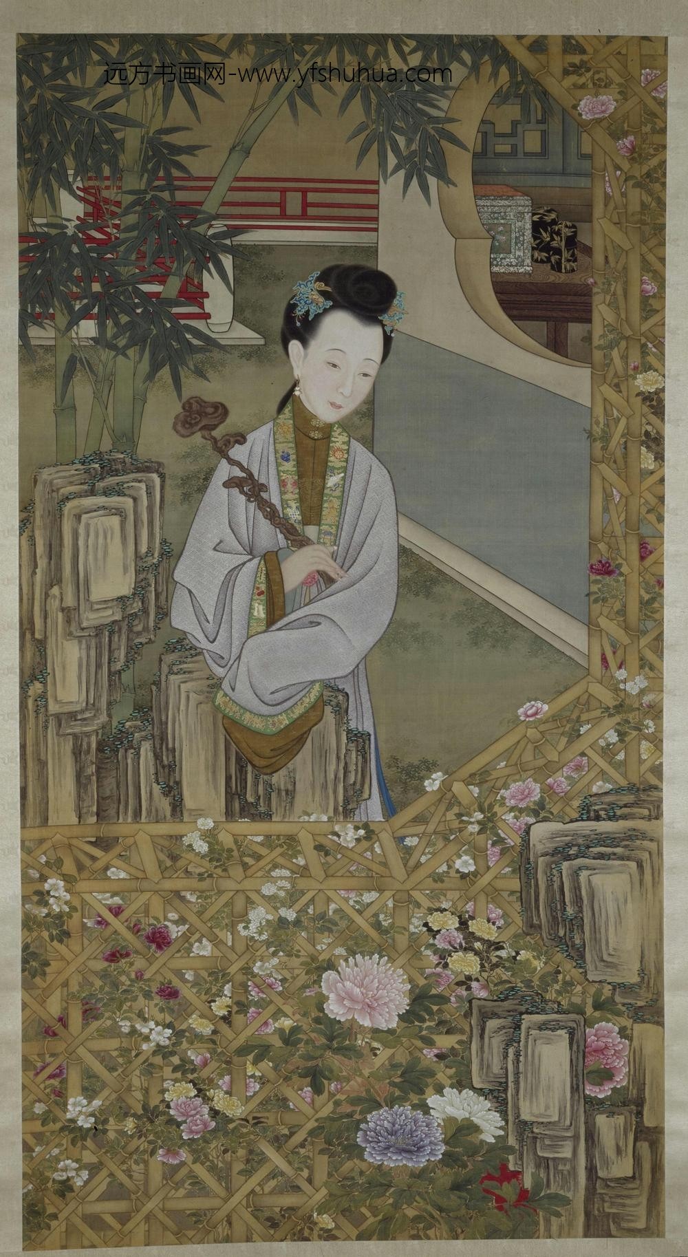 雍亲王题书堂深居图屏·立持如意轴
