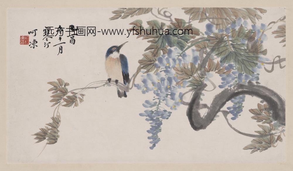 江寒汀_紫滕小鸟图轴-