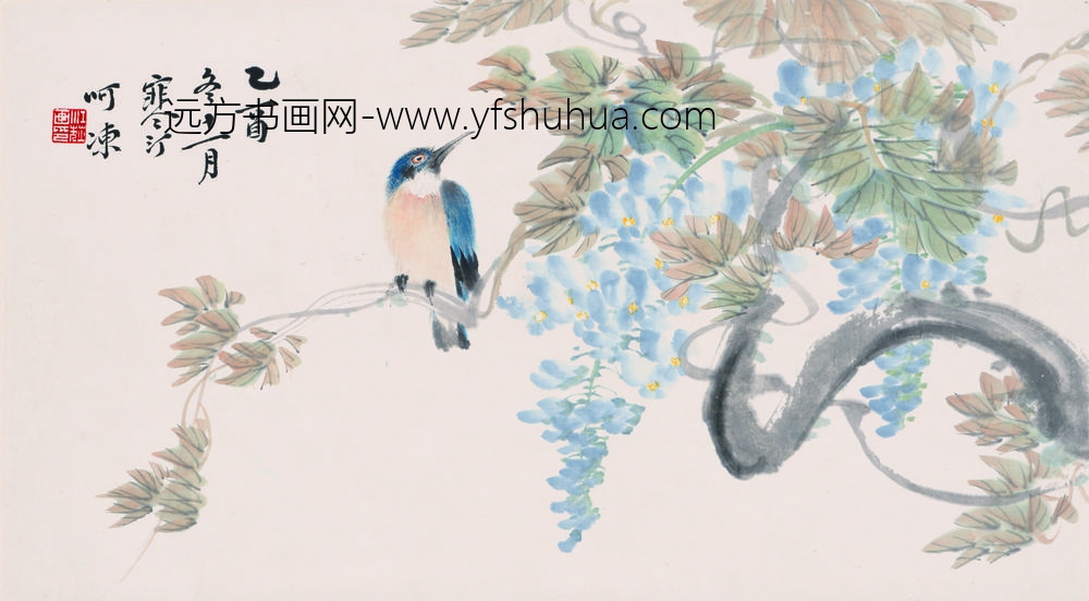 江寒汀_紫滕小鸟图轴-