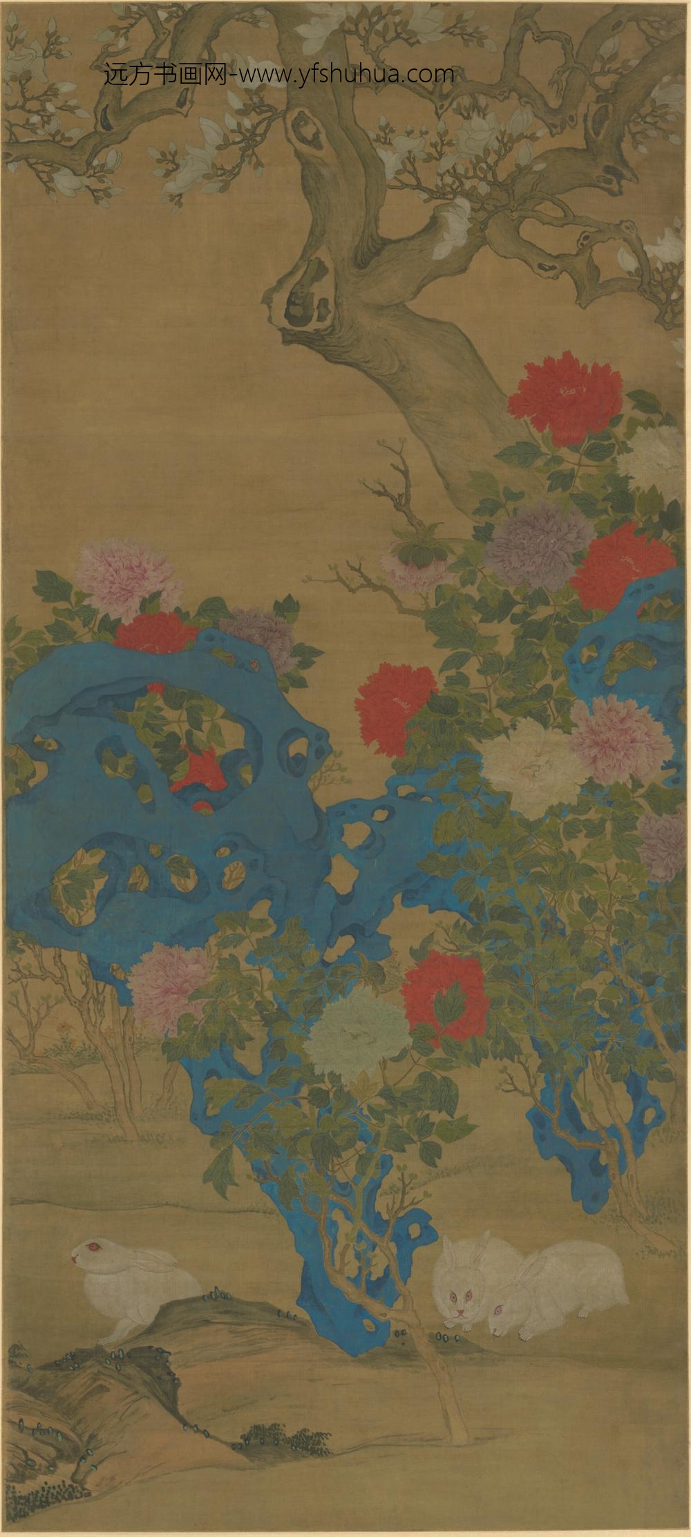 清-清人玉兔牡丹轴