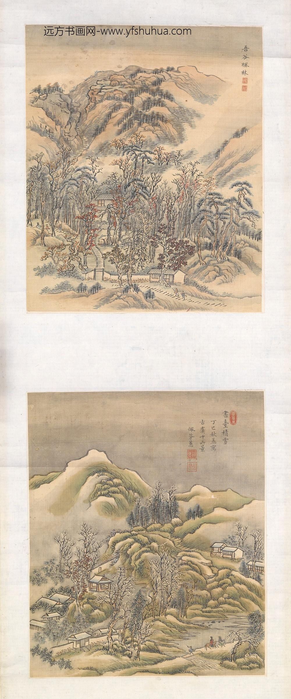 薛蕙_山水册页-吾谷枫林书台积雪二开合裱