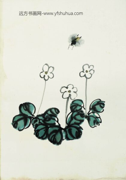 齐白石 叶隐闻声 花卉工笔草虫册 三叶花草蜂.jpg